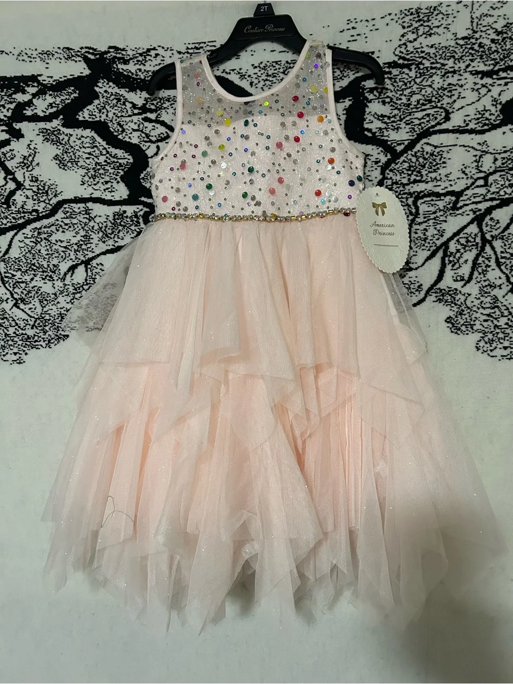 American Princess Pink and White Beaded Tulle Party Dress